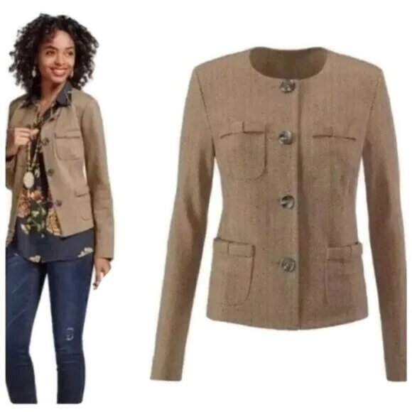CAbi Herringbone Blazer Size M Brown Speckle Fleck Penny 2 Chest 2 Patch Pockets - Picture 2 of 12
